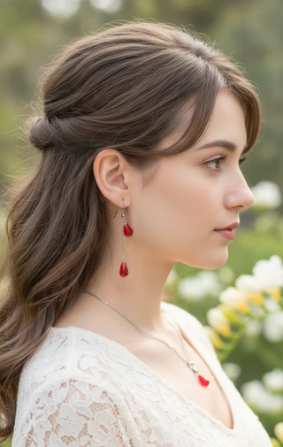 Handmade Pomegranate Seeds UV Resin Earrings & Necklace Set | Botanical Crystal Jewelry. model