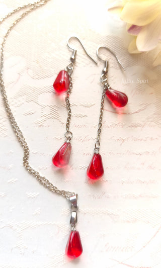 Handmade Pomegranate Seeds UV Resin Earrings & Necklace Set | Botanical Crystal Jewelry