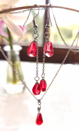 Handmade Pomegranate Seeds UV Resin Earrings & Necklace Set | Botanical Crystal Jewelry