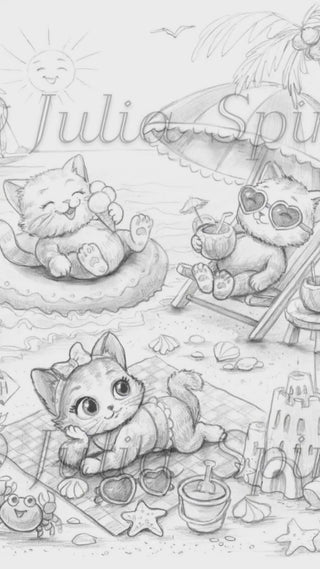 coloring page. Purr-fect Kitten Beach Day. video by Julia Spiri