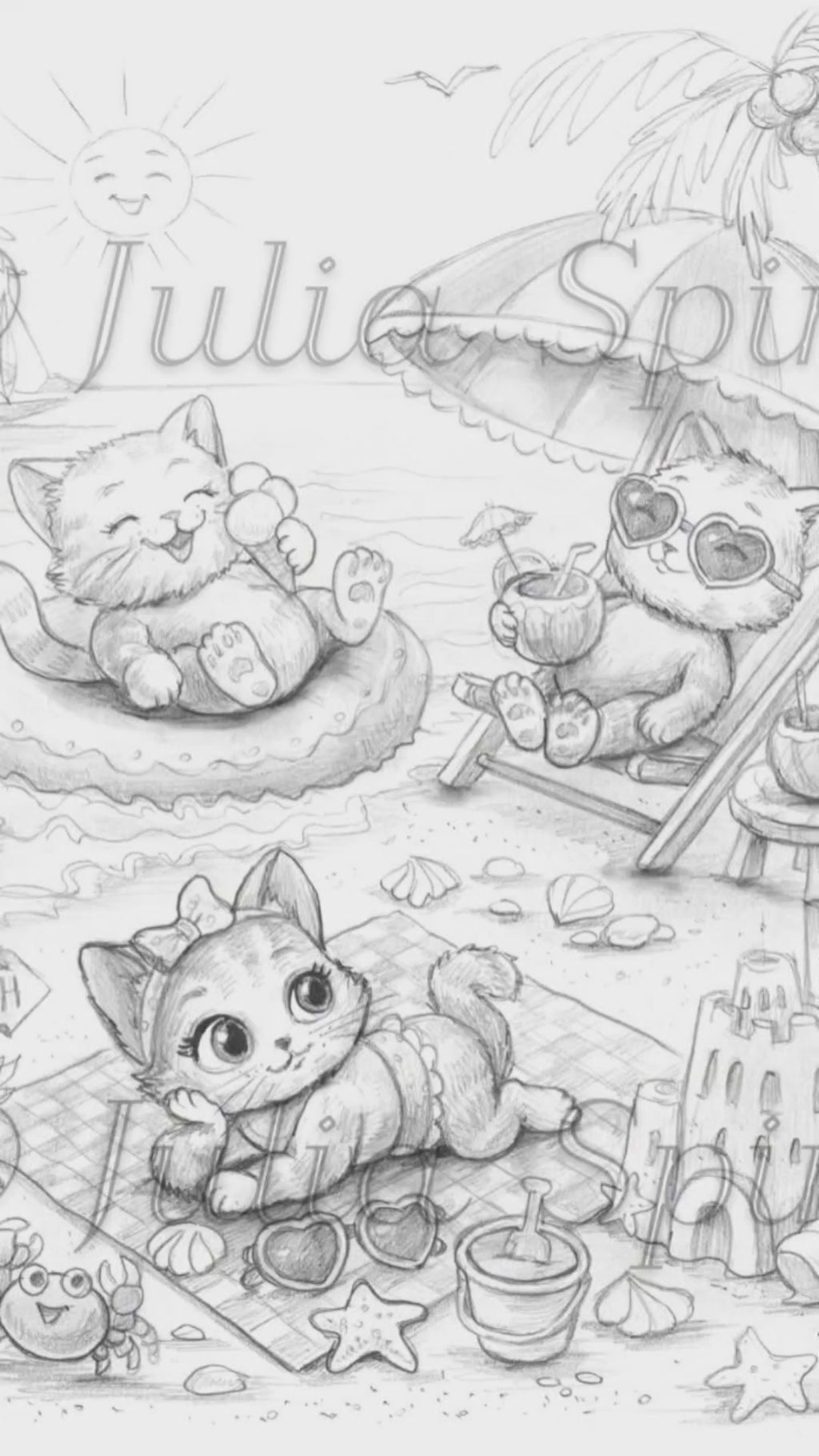 coloring page. Purr-fect Kitten Beach Day. video by Julia Spiri