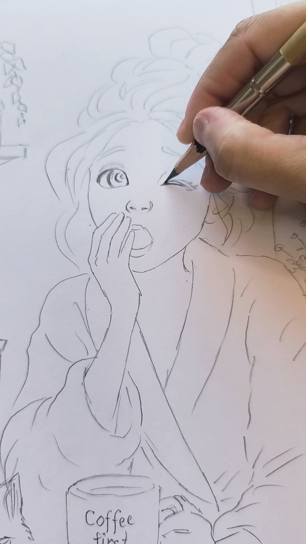 Grayscale coloring page of a sleepy girl in a robe yawning and holding a coffee mug that reads Coffee First Talk Later, with a kitten peeking from below the table and a French press in a cozy kitchen — by Julia Spiri. video