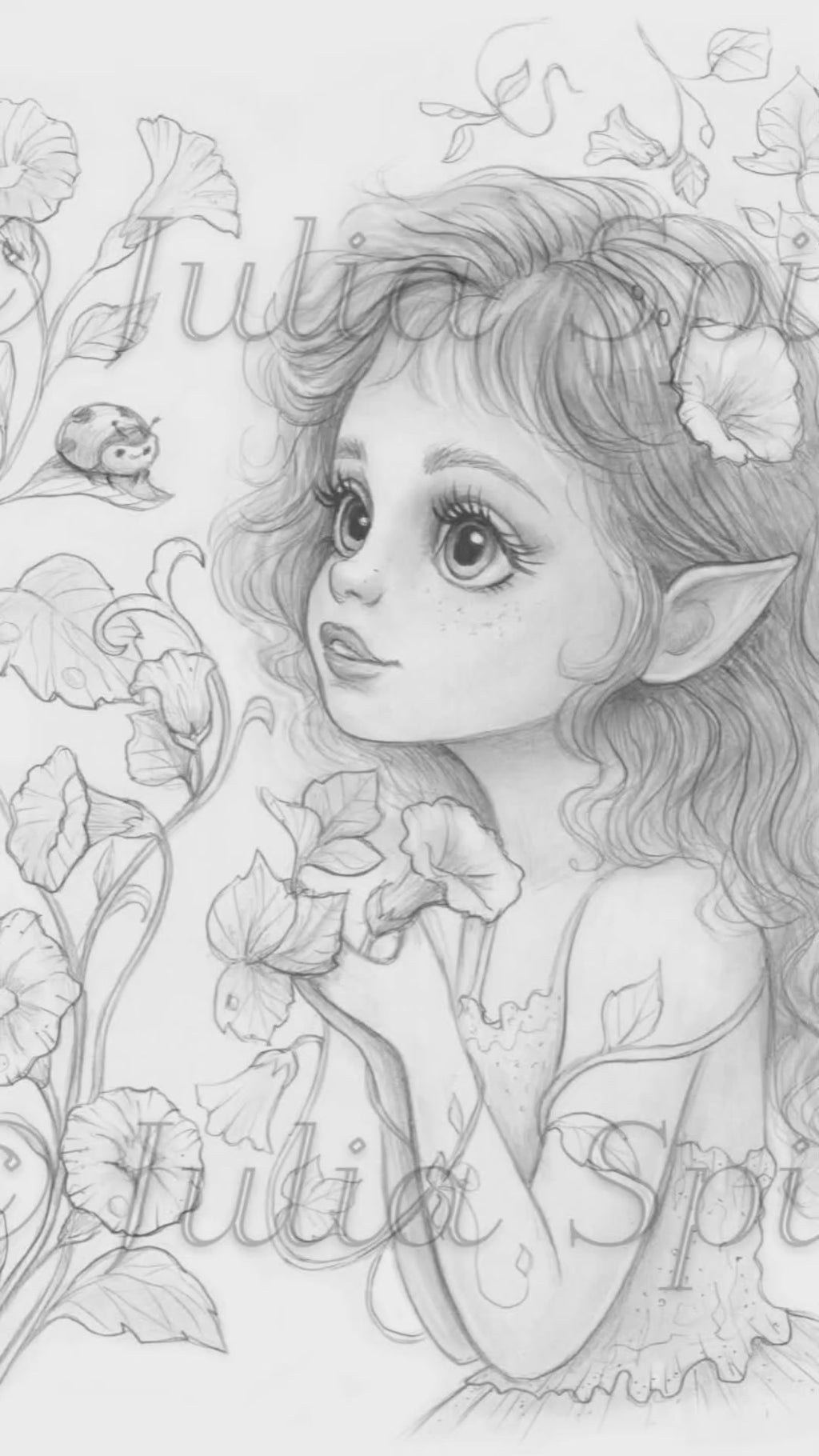 Grayscale coloring page of a cute elf girl looking at a ladybug among bindweed flowers. Whimsical fantasy nature coloring art by Julia Spiri. Garden secrets, fairy garden, botanical illustration. Printable digital download for adults. video