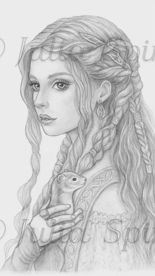 Grayscale Coloring Page: Medieval Women Portrait. The Lady and the Ermine - grayscale dark coloring page for adults video by Julia Spiri