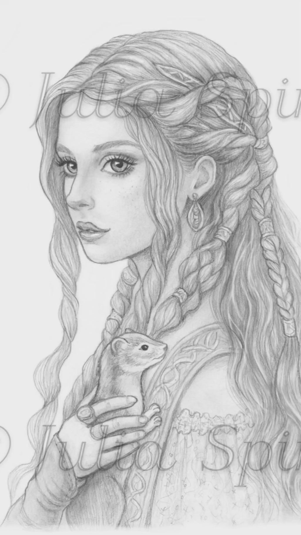 Grayscale Coloring Page: Medieval Women Portrait. The Lady and the Ermine - grayscale dark coloring page for adults video by Julia Spiri