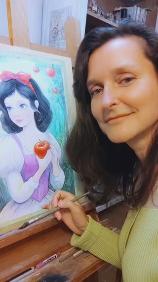 Grayscale Coloring Page. Original Watercolor Painting. Snow White, video