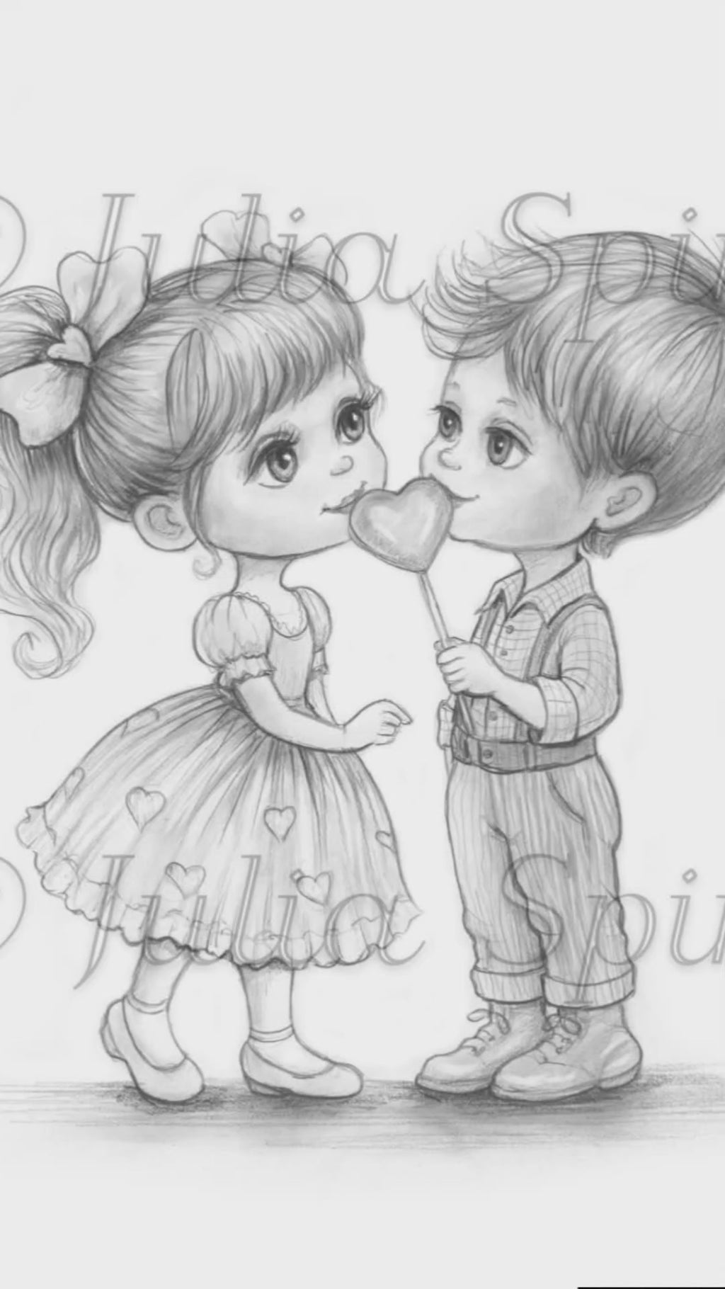 Whimsical Little Boy and Girl in Love - Grayscale Coloring Page. Sweet Love in Little Steps, drawing video