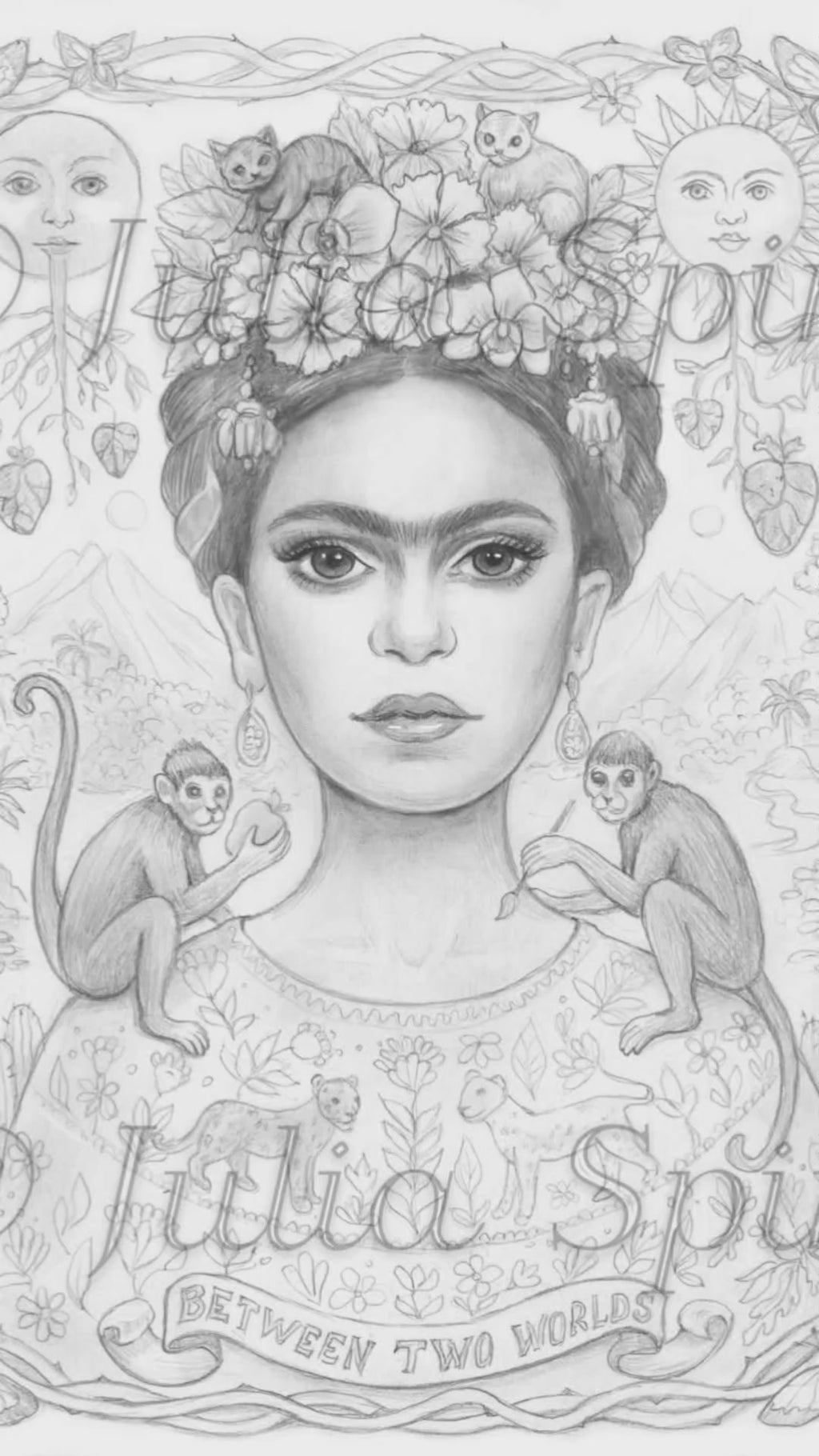 Frida Kahlo Inspired Grayscale Coloring Page - Between Two Worlds - grayscale dark coloring page for adults by Julia video