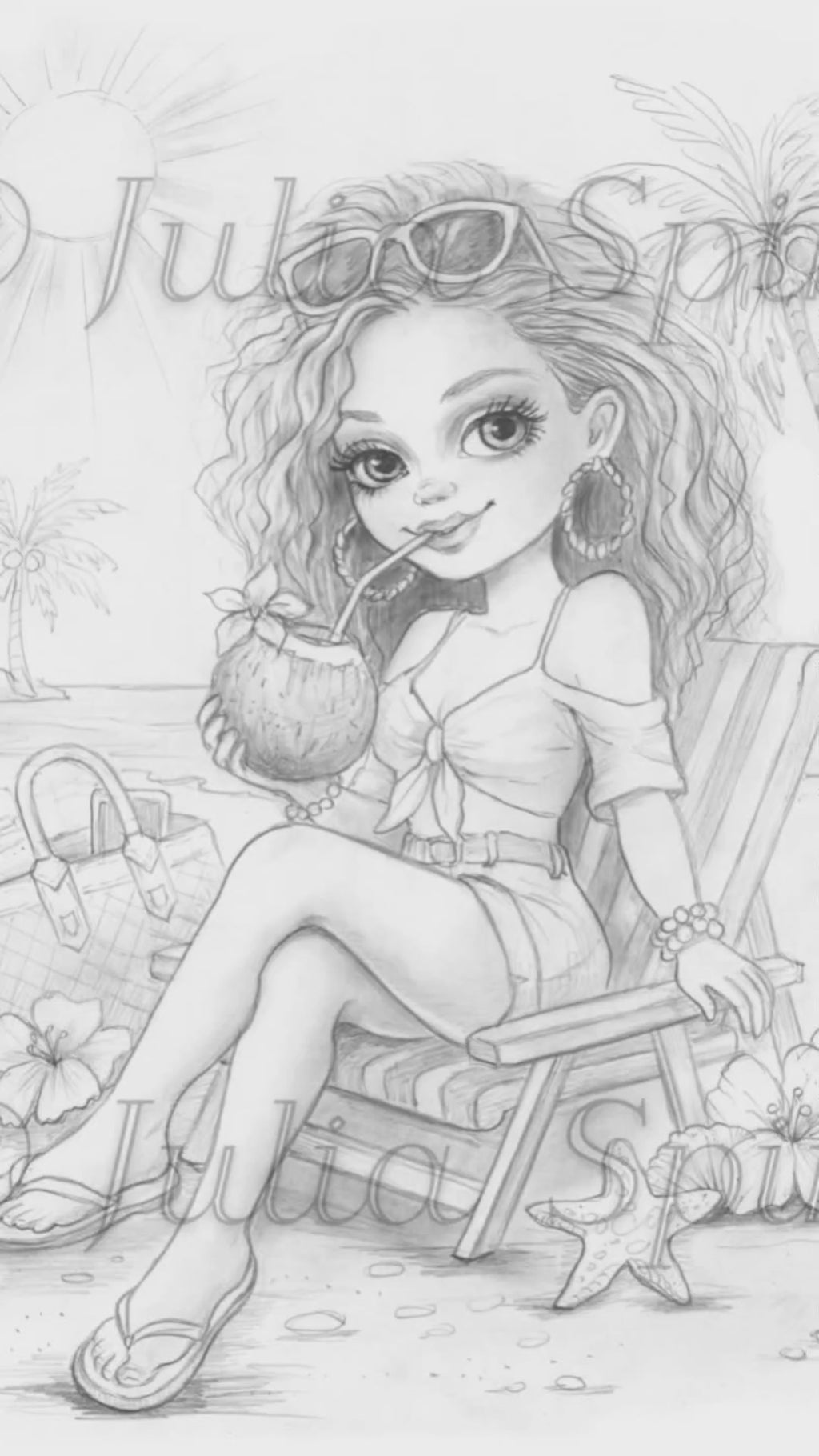 Grayscale coloring page Summer Escape by Julia Spiri – girl on beach chair with palm trees and coconut drink. video