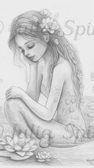 Grayscale coloring page of a mermaid sitting in a lake with lotus flowers and a small frog, titled Serenity in the Shallows. video process 