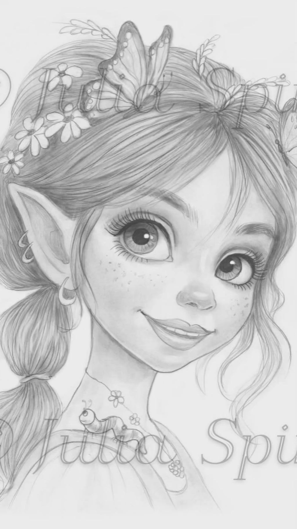 Grayscale Coloring Page, Innocent Forest Elf with Caterpillar Friend,video