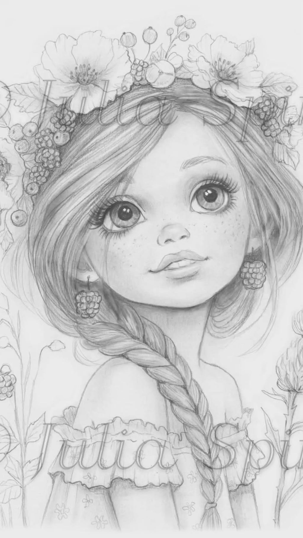 Grayscale coloring page Summer and Berry Sweet – fantasy girl with berry crown and wildflowers by Julia Spiri. video