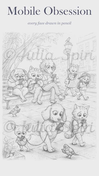 Grayscale coloring page by Julia Spiri: funny dogs, cats and pigeons walking through a city park while staring at their smartphones, dark grayscale version. video