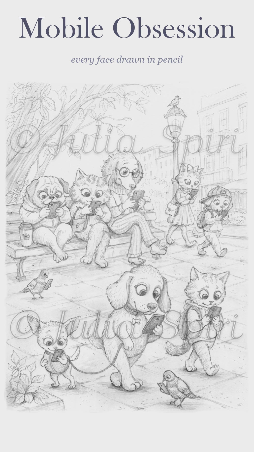 Grayscale coloring page by Julia Spiri: funny dogs, cats and pigeons walking through a city park while staring at their smartphones, dark grayscale version. video