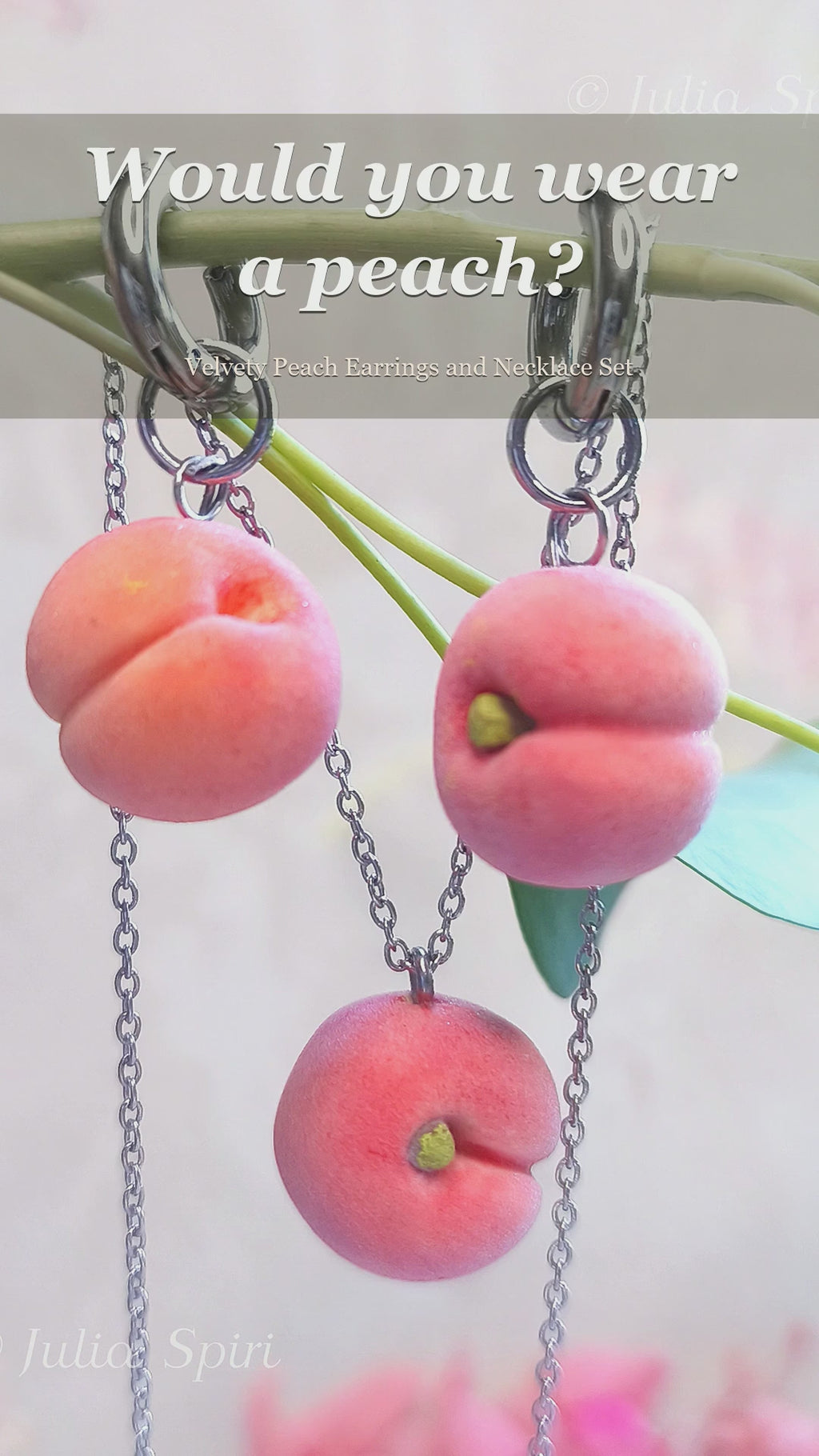 Handmade polymer clay peach jewelry set showing matching huggie earrings and necklace pendant – by Julia Spiri. video