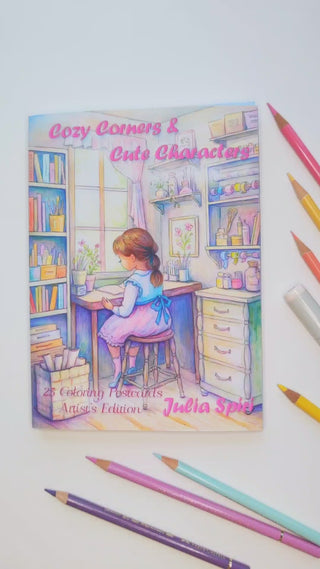 Adult Coloring Postcards Set - Artist's Edition. Cozy Corners and Cute Characters. video