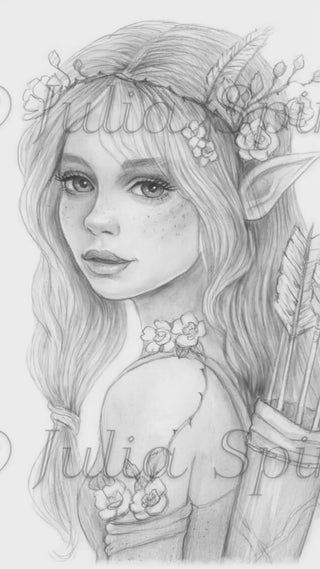 Forest Elf Sylvan Archer grayscale dark coloring page for adults by Julia Spiri - Fantasy nature printable PDF download video