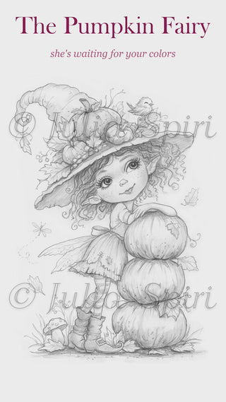 The Pumpkin Fairy grayscale coloring page by Julia Spiri – cute autumn fairy with an oversized hat stacked with pumpkins, a little bird, mushroom and falling leaves, printable PDF for adults. video