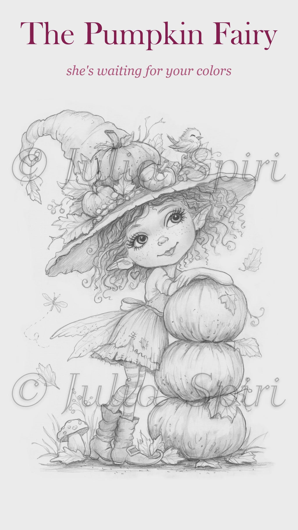 The Pumpkin Fairy grayscale coloring page by Julia Spiri – cute autumn fairy with an oversized hat stacked with pumpkins, a little bird, mushroom and falling leaves, printable PDF for adults. video