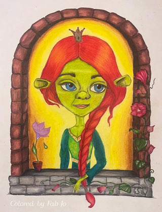 The Princess at the Window - Grayscale coloring page version 5, printable adult coloring art by Julia Spiri