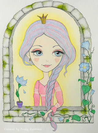 The Princess at the Window - High-quality printable art, grayscale coloring page for relaxation