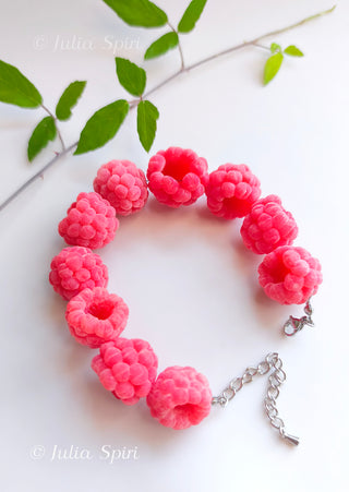 Handmade polymer clay raspberry bracelet with stainless steel adjustable clasp — Julia Spiri