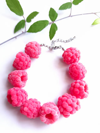 Handcrafted raspberry bead bracelet with lobster clasp and extender chain, — Julia Spiri