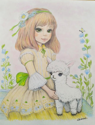 Grayscale Coloring Page. Jenny and her Little Alpaca