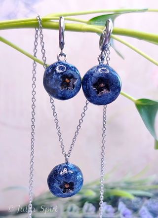 Handmade polymer clay blueberry jewelry set showing matching huggie earrings and necklace pendant – by Julia Spiri