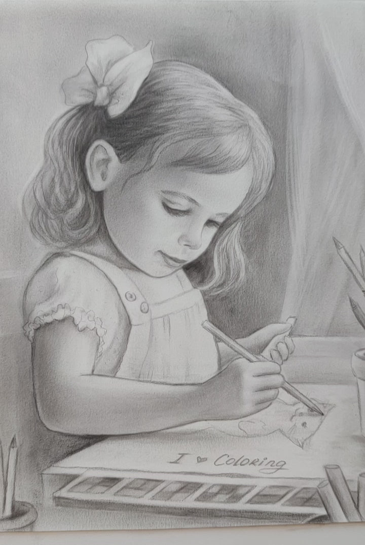 Grayscale Coloring Page, Cute Girl, Realistic Portrait. I love Coloring
