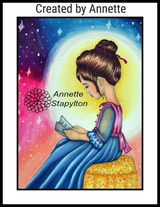 Coloring Page, Vintage Girl read book. Amelie