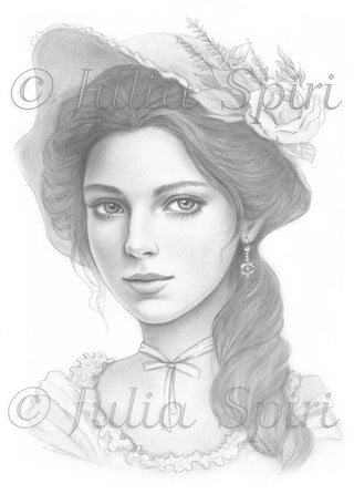 Grayscale Coloring Page, Vintage Girl Portrait. Betty