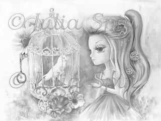 Coloring page, Fairytale Steampunk Girl. Bird in a cage