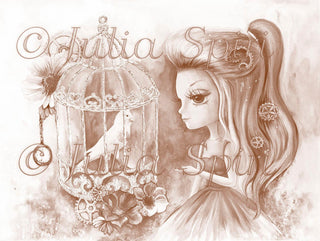 Coloriage, Fairytale Steampunk Girl. Oiseau en cage