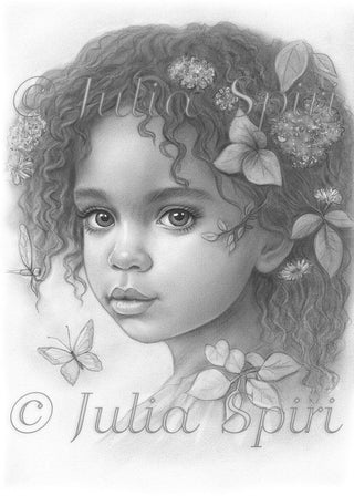 Grayscale Coloring Page, Fantasy Portrait of Girl with Flowers. Bonny