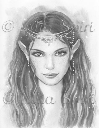 Grayscale Coloring Page, Elf Portrait. Elfie