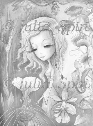 Coloring page, Girl with carnivorous flowers. Exotic Flowers - The Art of Julia Spiri