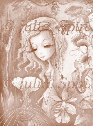Coloring page, Girl with carnivorous flowers. Exotic Flowers - The Art of Julia Spiri