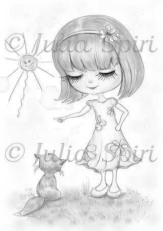 Página para colorear. Chica y gatito culpable