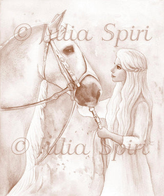 Grayscale Coloring Page, Romantic Girl. Grace and horse - The Art of Julia Spiri