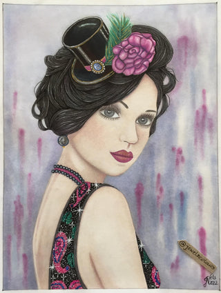 Grayscale Coloring Page, Girl with Vintage Hat, Retro. Stella - The Art of Julia Spiri