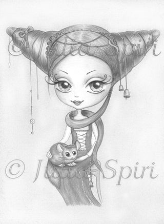 Coloring page, Gothic Girl. Griselda with chinchilla - The Art of Julia Spiri