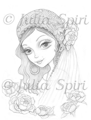 Coloring Pages, Boho Bride with Peonies. Gypsy bride - The Art of Julia Spiri