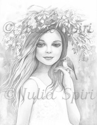 Grayscale Coloring Page, Girl with Spring Flowers and Bird. Hope - The Art of Julia Spiri