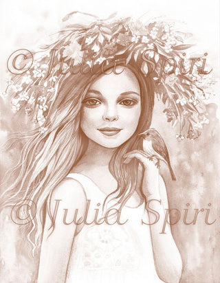 Grayscale Coloring Page, Girl with Spring Flowers and Bird. Hope - The Art of Julia Spiri
