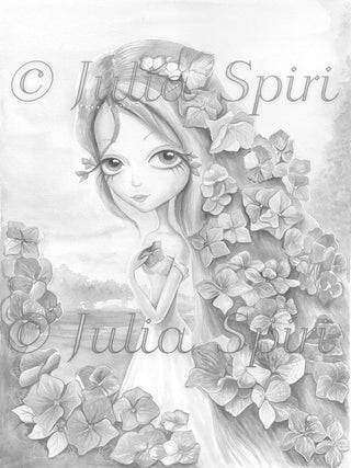 Coloring page, Girl with Hydrangea Flowers. Hydrangea - The Art of Julia Spiri