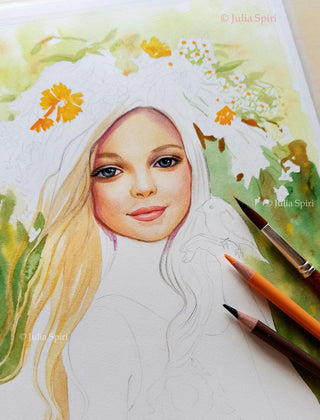 Grayscale Coloring Page, Girl with Spring Flowers and Bird. Hope - The Art of Julia Spiri