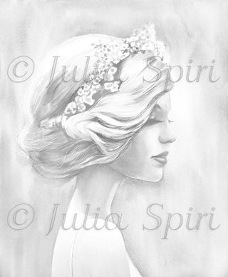 Grayscale Coloring Page, Romantic Girl Portrait girl. The Inspiration - The Art of Julia Spiri