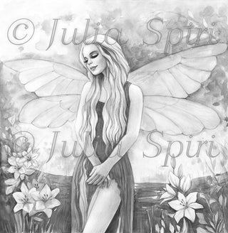 Grayscale Coloring Page, Fairy in Forest, Flowers. Lilly