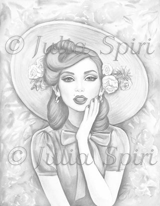 Grayscale Coloring Page, Vintage Girl with Hat. Madeline - The Art of Julia Spiri